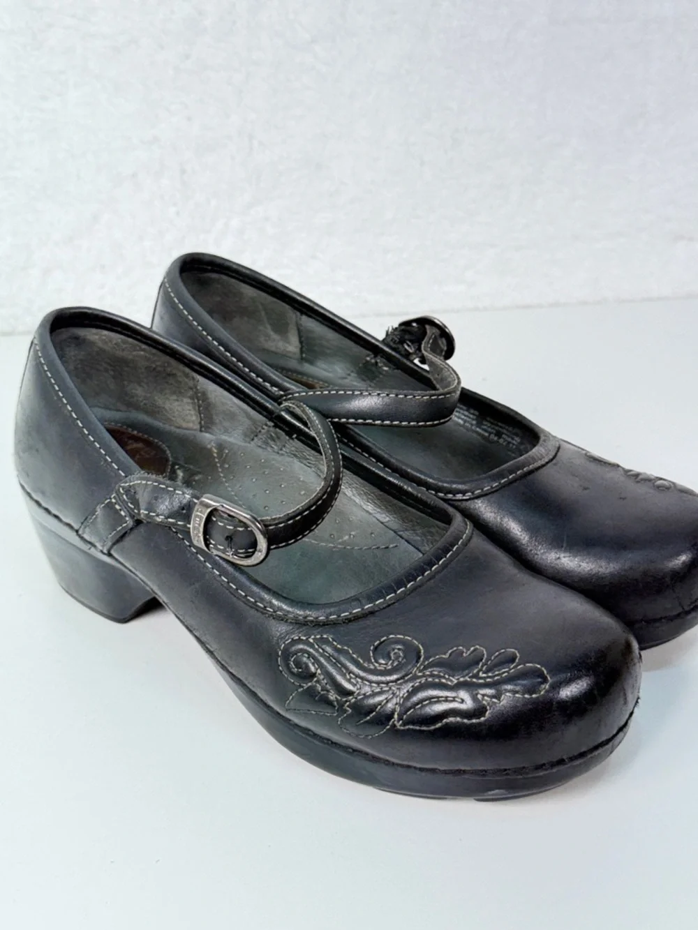 Dansko Black Leather Mary Jane Clogs Floral Comfort Shoes EU 39 size 8.5 - 9